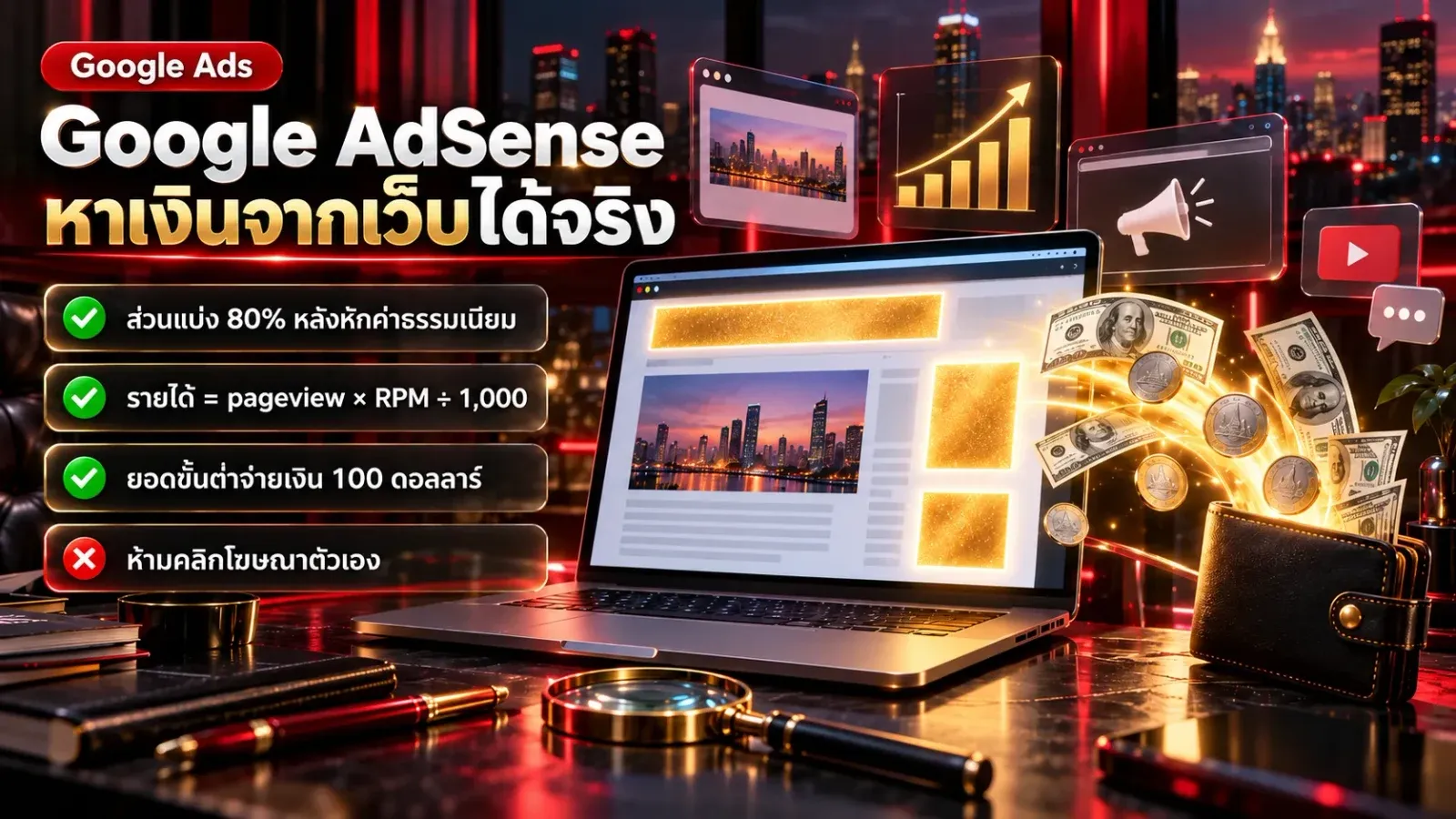อินโฟกราฟิก Google AdSense คืออะไร หาเงินจากเว็บได้จริง ส่วนแบ่ง 80% สูตรรายได้ pageview คูณ RPM และยอดขั้นต่ำจ่ายเงิน 100 ดอลลาร์