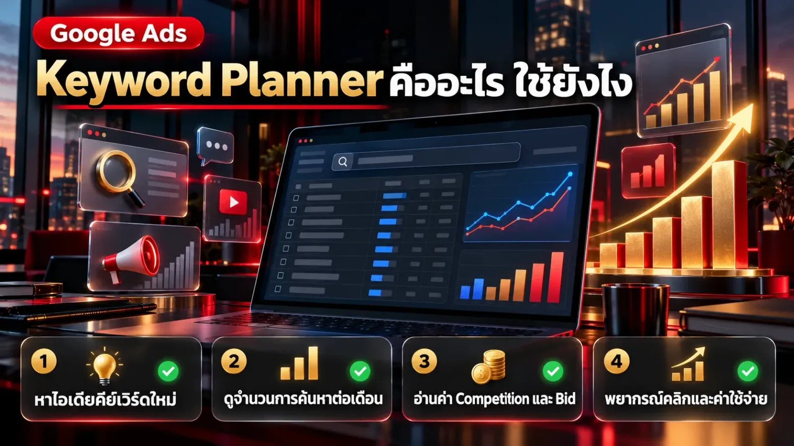 อินโฟกราฟิก Keyword Planner คืออะไร ใช้ยังไง หาไอเดียคีย์เวิร์ด ดูจำนวนการค้นหาต่อเดือน อ่านค่า Competition และ Bid และพยากรณ์คลิกและค่าใช้จ่าย