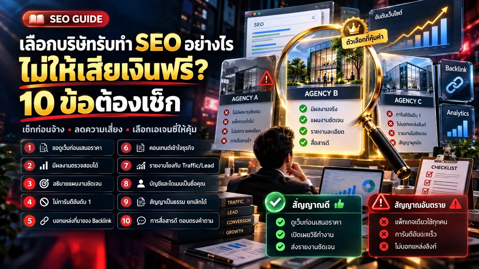 อินโฟกราฟิก เลือกบริษัทรับทำ SEO อย่างไรไม่ให้เสียเงินฟรี 10 ข้อต้องเช็ก เปรียบเทียบเอเจนซี่ สัญญาณดีและสัญญาณอันตราย