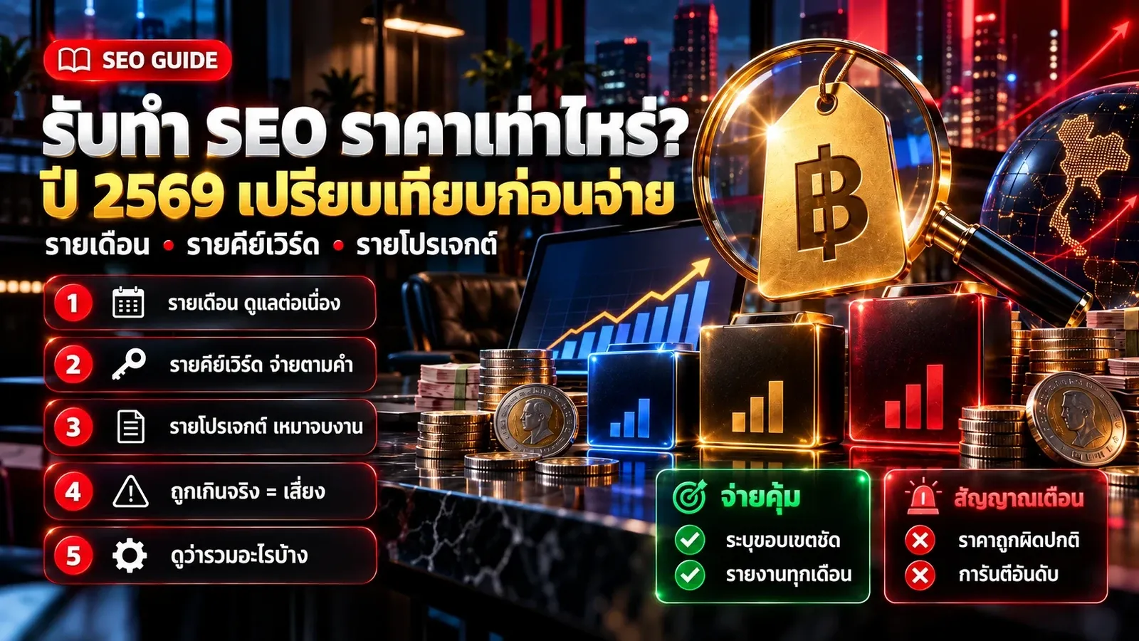 อินโฟกราฟิก รับทำ SEO ราคาเท่าไหร่ปี 2569 เปรียบเทียบรายเดือน รายคีย์เวิร์ด รายโปรเจกต์ และสัญญาณเตือนในใบเสนอราคา