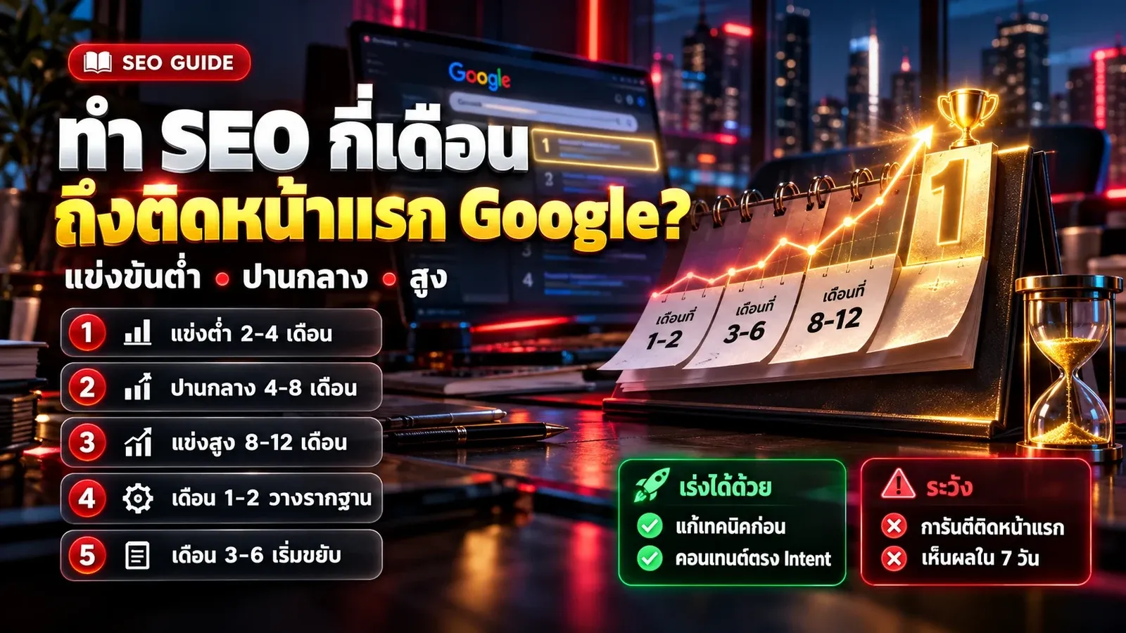 อินโฟกราฟิก ทำ SEO กี่เดือนถึงติดหน้าแรก Google ประมาณการตามระดับการแข่งขันต่ำ ปานกลาง สูง