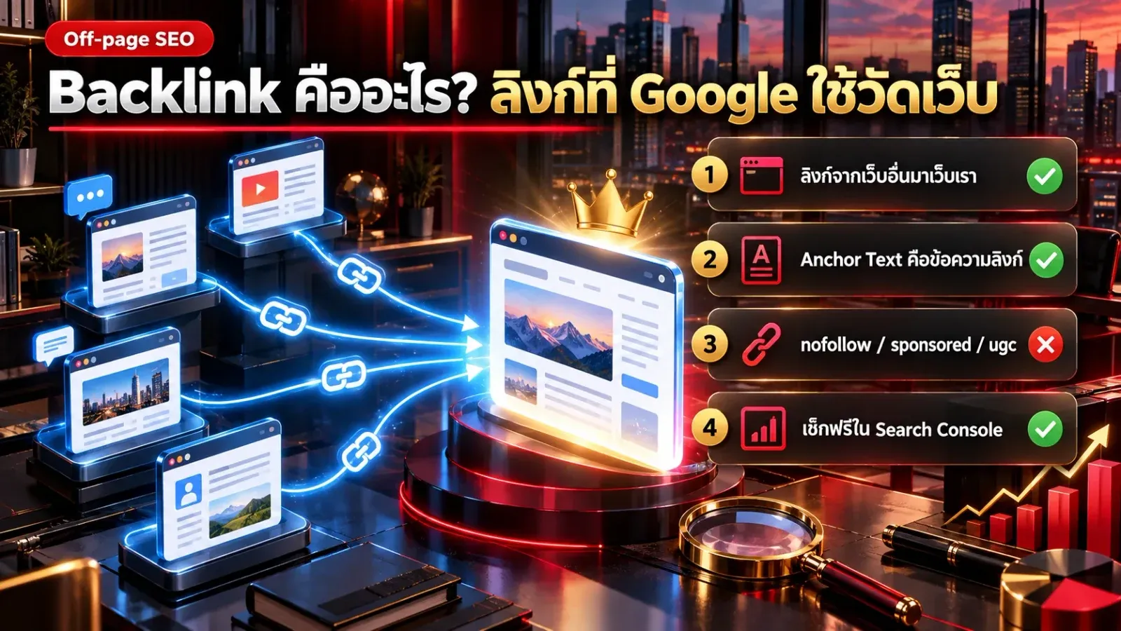 อินโฟกราฟิก Backlink คืออะไร ลิงก์จากหลายเว็บไซต์ชี้เข้าหาเว็บเดียว พร้อมสรุป Anchor Text, nofollow และการเช็กใน Search Console
