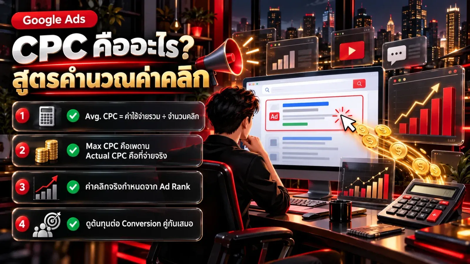 อินโฟกราฟิก CPC คืออะไร สูตร Avg. CPC เท่ากับค่าใช้จ่ายรวมหารจำนวนคลิก ความต่าง Max CPC กับ Actual CPC และค่าคลิกที่กำหนดจาก Ad Rank ใน Google Ads