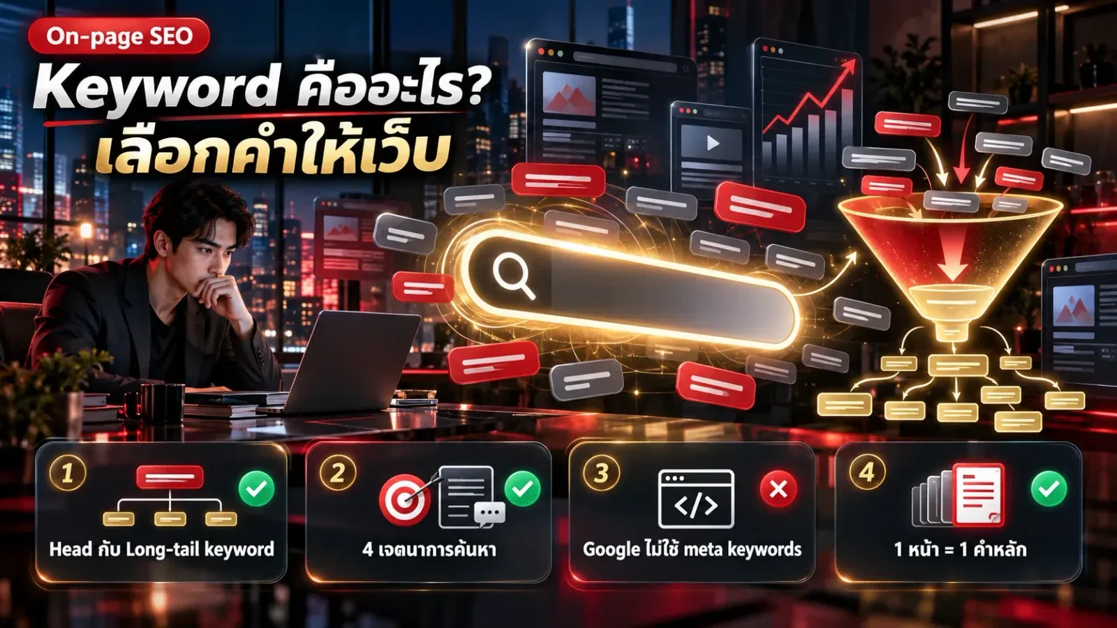 อินโฟกราฟิก keyword คืออะไร ช่องค้นหา Google ป้ายคีย์เวิร์ด และกรวยแยก head keyword กับ long-tail keyword