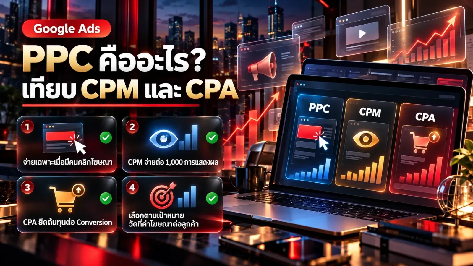 อินโฟกราฟิก PPC คืออะไร เทียบโมเดลจ่ายเงินโฆษณา PPC จ่ายต่อคลิก CPM จ่ายต่อการแสดงผล และ CPA ยึดต้นทุนต่อ Conversion ใน Google Ads