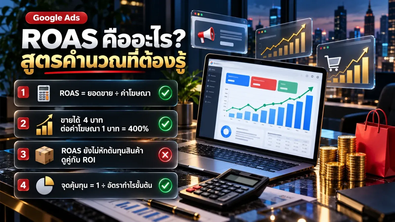 อินโฟกราฟิก ROAS คืออะไร สูตรคำนวณ ROAS เท่ากับยอดขายหารค่าโฆษณา ขายได้ 4 บาทต่อค่าโฆษณา 1 บาทเท่ากับ 400% และจุดคุ้มทุนจากอัตรากำไรขั้นต้น