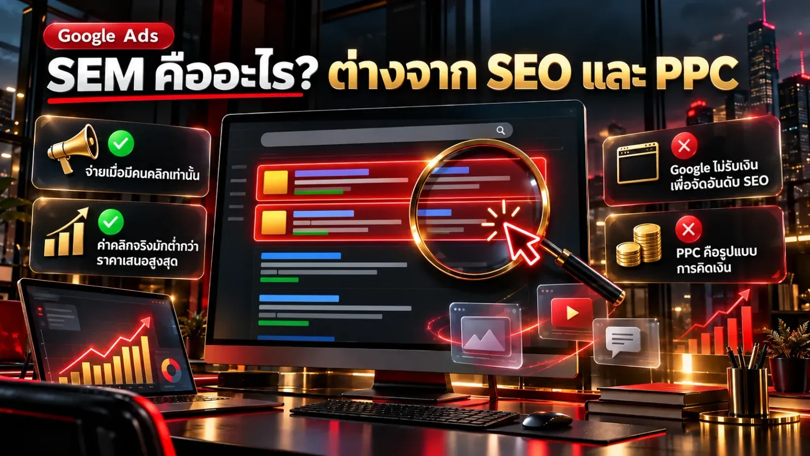 อินโฟกราฟิก SEM คืออะไร ต่างจาก SEO และ PPC ยังไง หน้าผลการค้นหาที่มีโฆษณาจ่ายต่อคลิกด้านบนและผลธรรมชาติด้านล่าง
