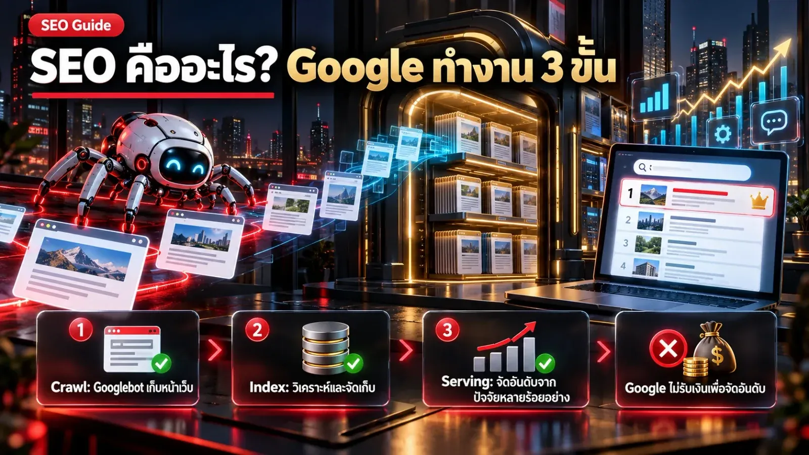 อินโฟกราฟิก SEO คืออะไร Google ทำงาน 3 ขั้น crawl index และ serving พร้อมหุ่นยนต์ Googlebot เก็บหน้าเว็บและผลค้นหาที่จัดอันดับ