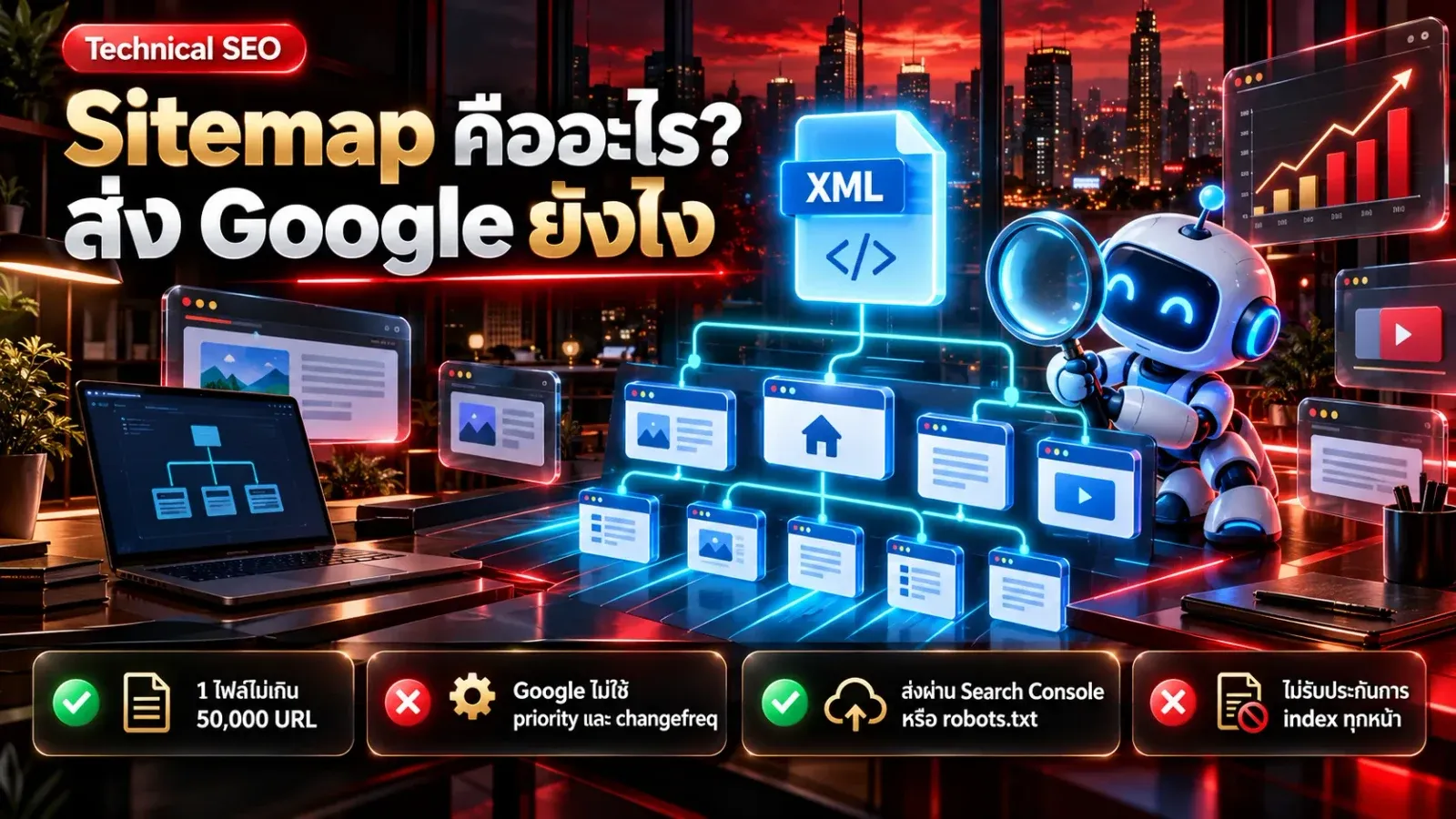 อินโฟกราฟิก Sitemap คืออะไร ไฟล์ XML sitemap รวมหน้าเว็บส่งให้ Google ผ่าน Search Console หรือ robots.txt ไม่เกิน 50,000 URL ต่อไฟล์